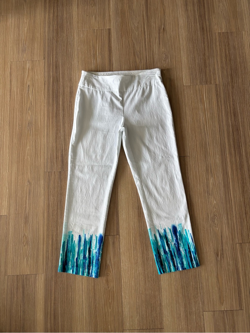 Y2K Attyre Pants White Blue Pull On Ankle Mid Rise Stretch Womens 4P Boho Casual